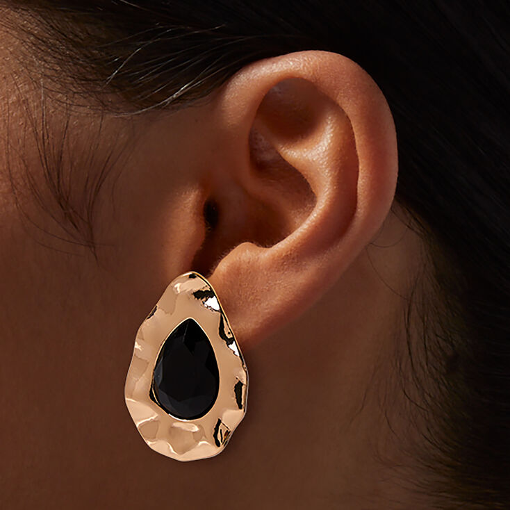 Clous d&#39;oreilles strass noir avec bordure couleur dor&eacute;e,