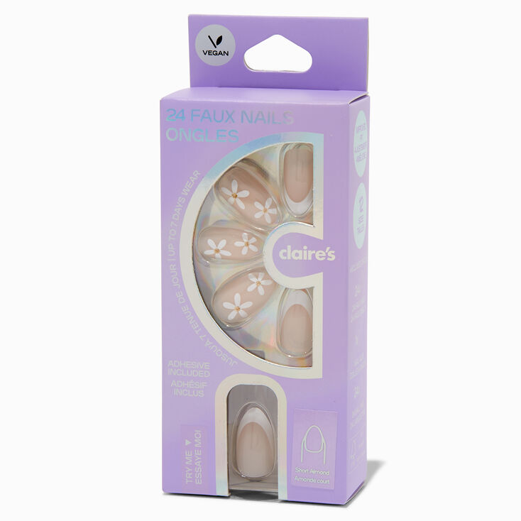 White Daisy French Tip Short Almond Vegan Faux Nail Set - 24 Pack,