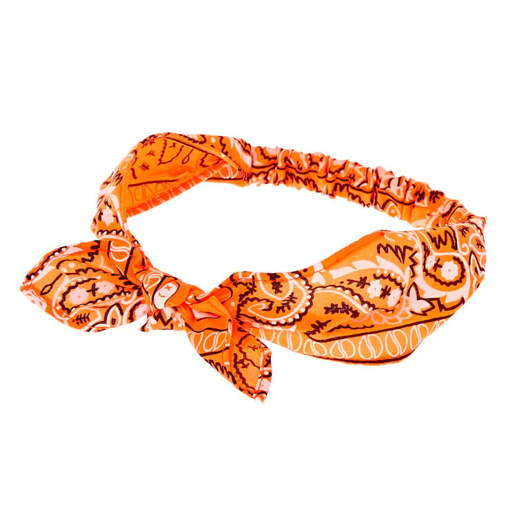 Claire's Club Knotted Bow Paisley Headwrap - Orange | Claire's US