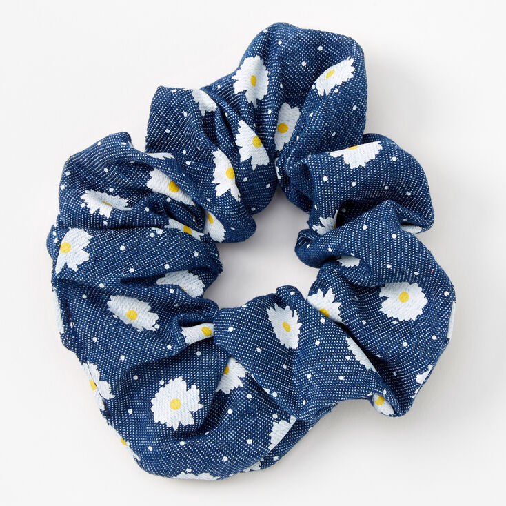 Claire's Chouchou à pois et marguerites en jean bleu de taille moyenne