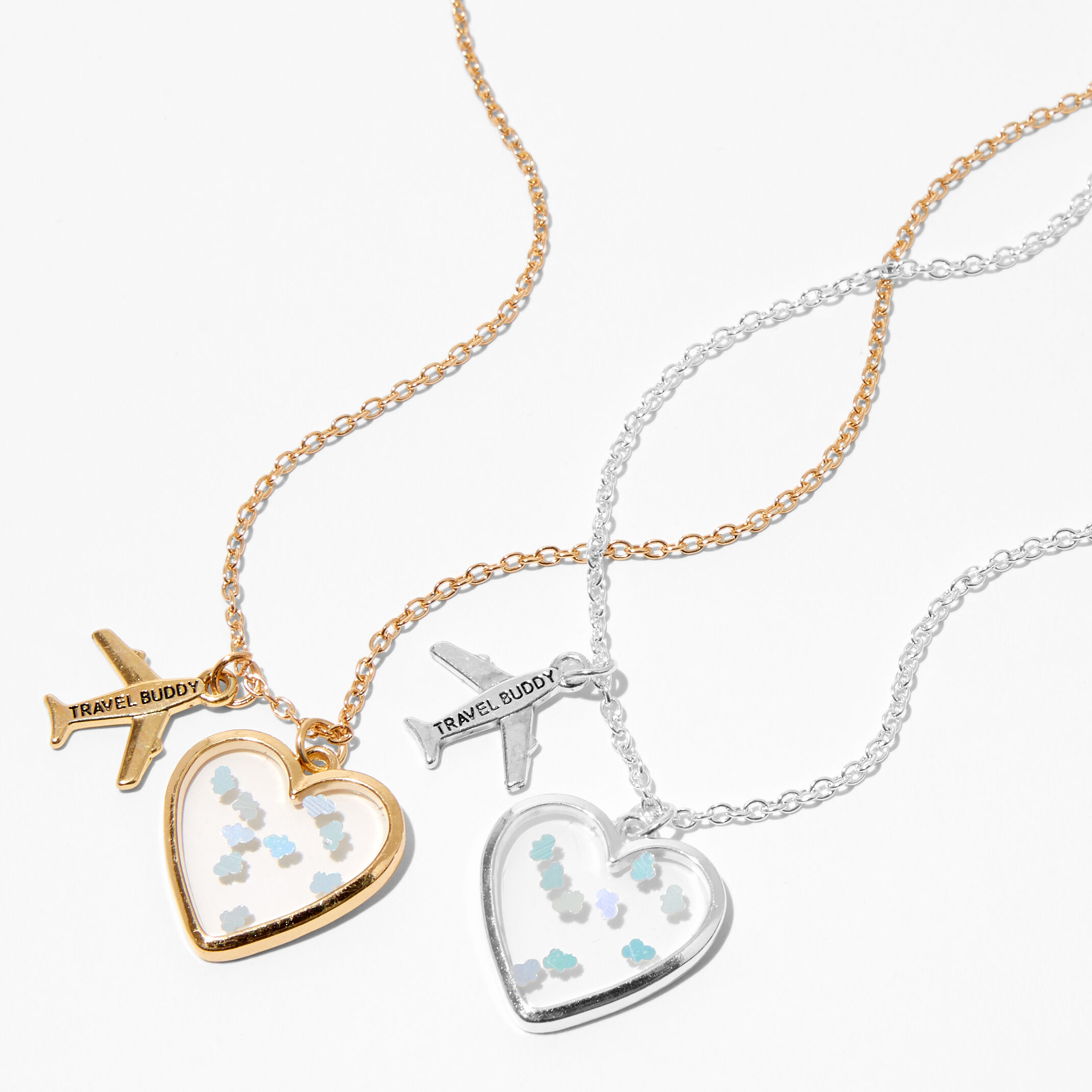 Best Friends Travel Buddy Airplane Heart Pendant Necklace Set (2 Pack),