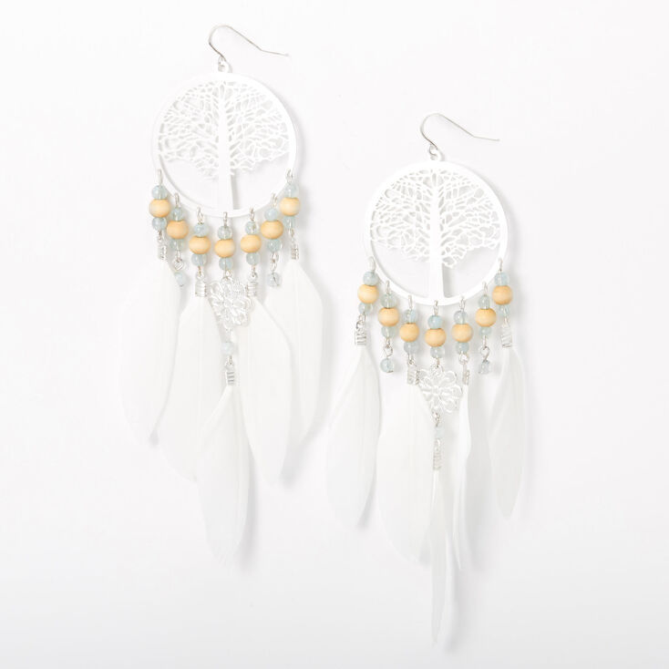 Silver 5.5&quot; Tree Of Life Beaded Feather Drop Earrings - White,