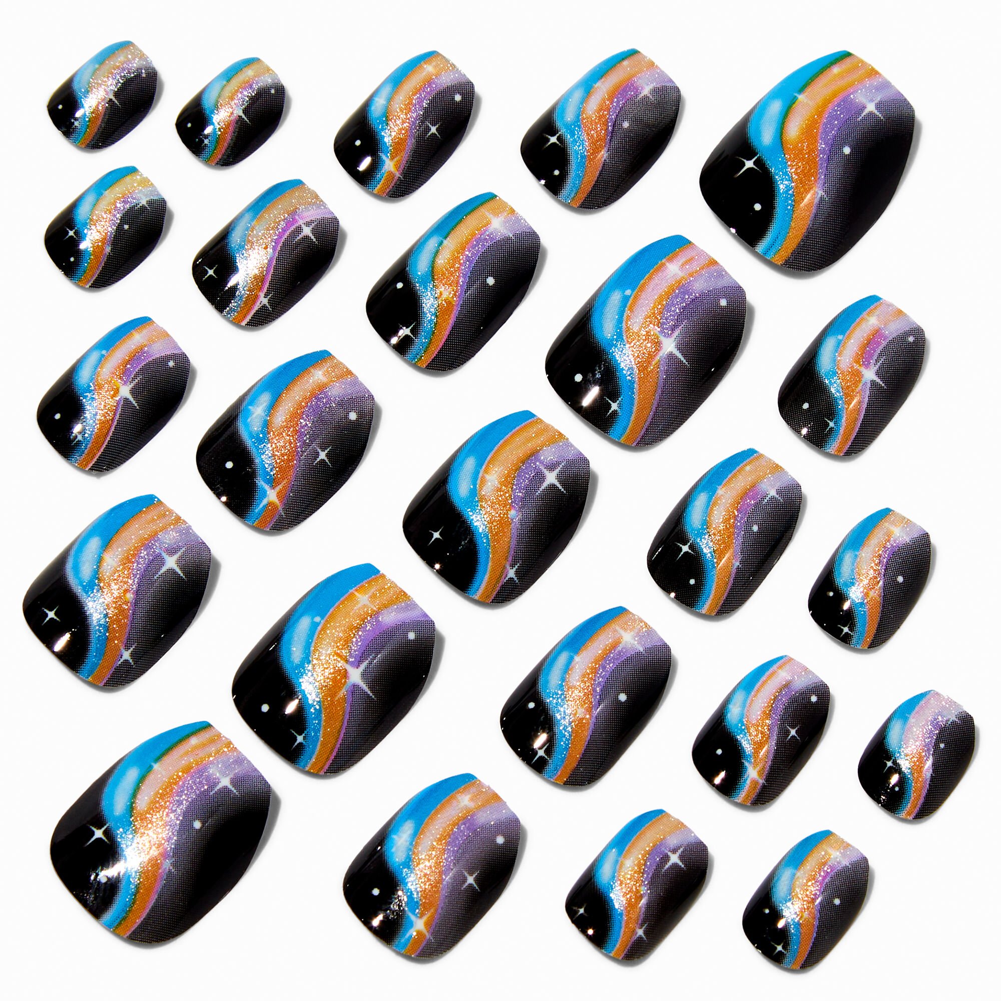 Multicolored Squiggle Black Coffin Vegan Press On Faux Nail Set - 24 Pack,