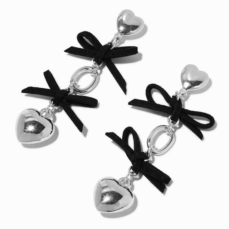 Silver-tone Puffy Heart Black Bow Linear Drop Earrings,