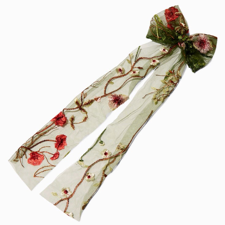 Green Embroidered Flowers Long Tail Bow Hair Clip,