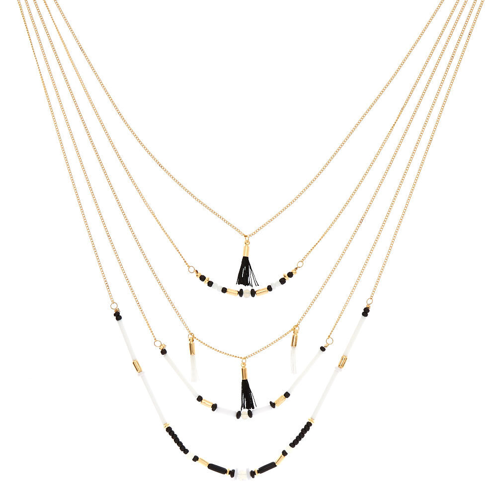 Gold Black & White Beaded Multi Strand Necklace,