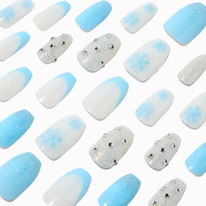 Snowflake Blue French Tip Coffin Vegan Faux Nail Set - 24 Pack,