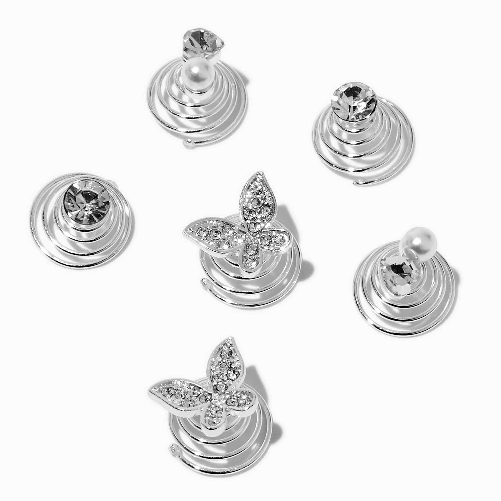View Claires Tone Mixed Butterfly Hair Spinners 6 Pack Silver information