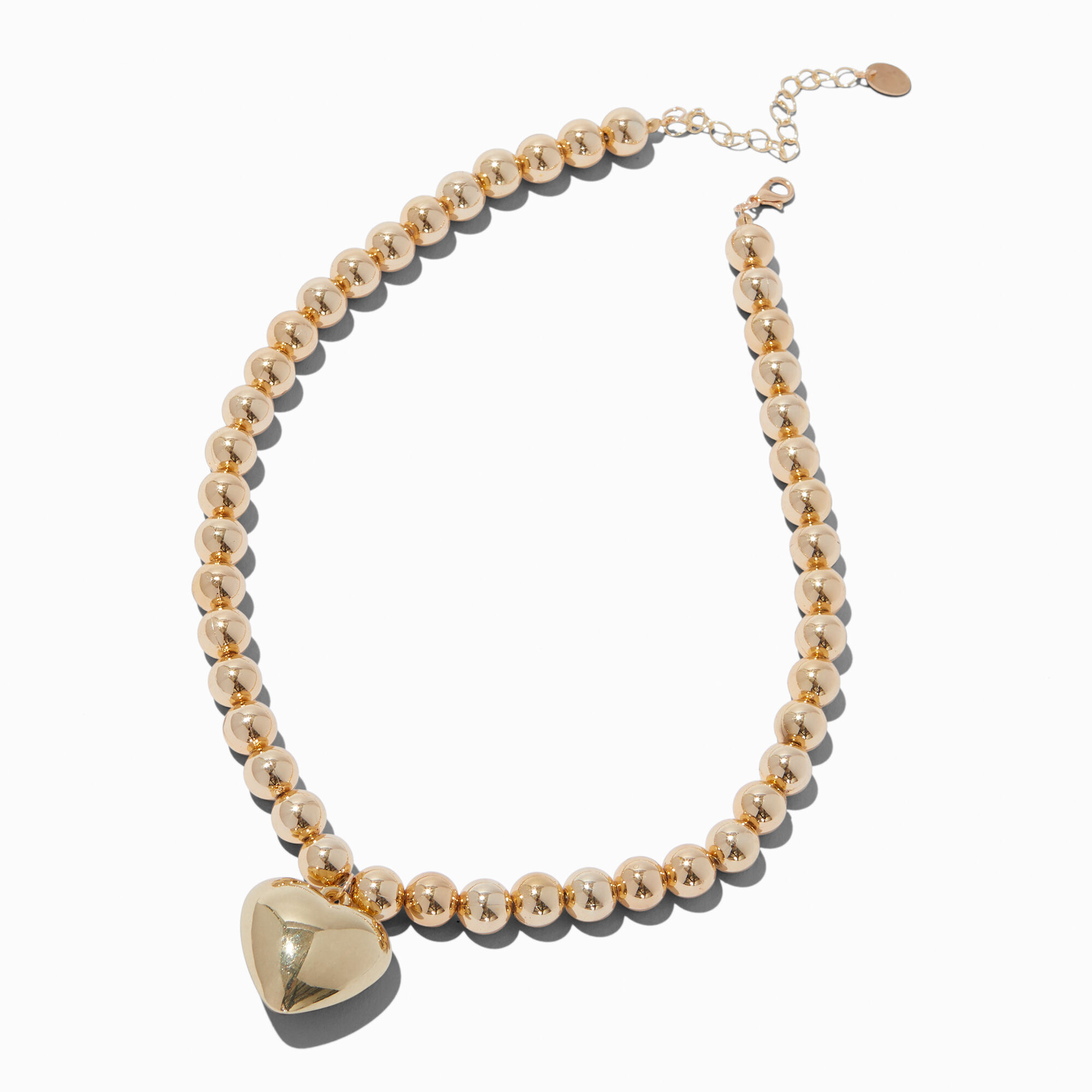 Gold-tone Beaded Puffy Heart  Pendant Necklace