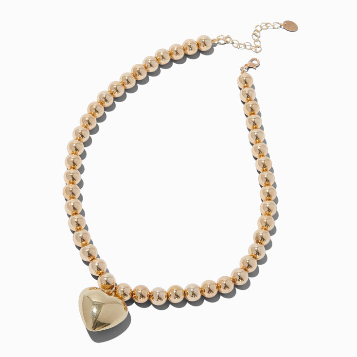Gold-tone Beaded Puffy Heart  Pendant Necklace,