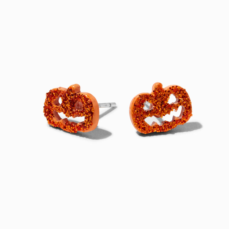 Sterling Silver Glitter Halloween Pumpkin Stud Earrings,