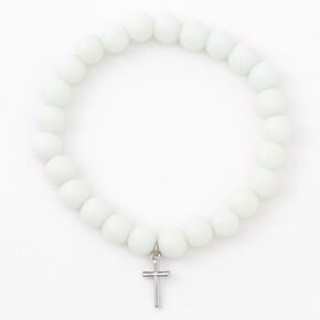 Silver-tone Cross White Beaded Stretch Bracelet,