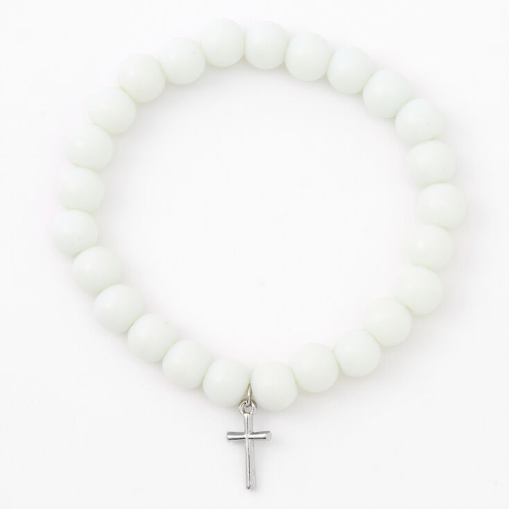 Silver-tone Cross White Beaded Stretch Bracelet,