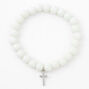 Silver-tone Cross White Beaded Stretch Bracelet,