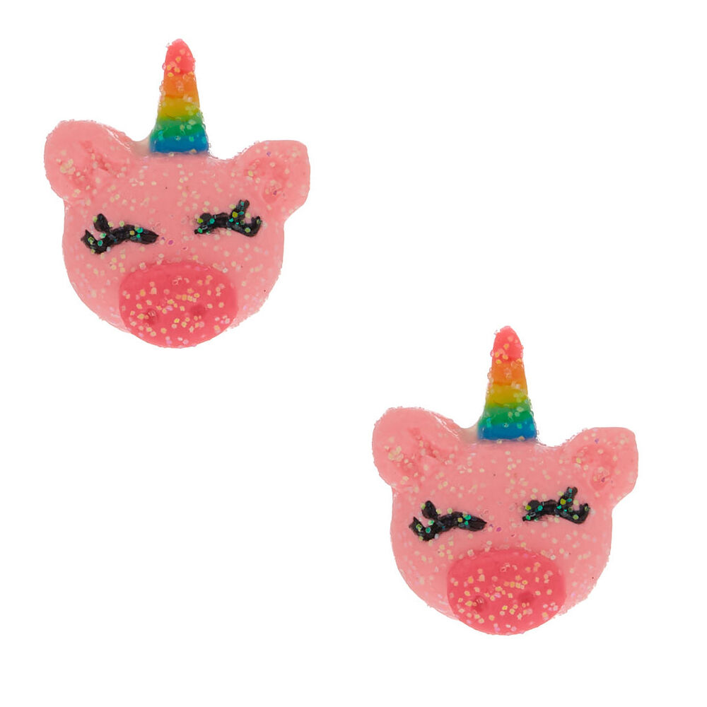 Unicorn Pig Stud Earrings - Pink,