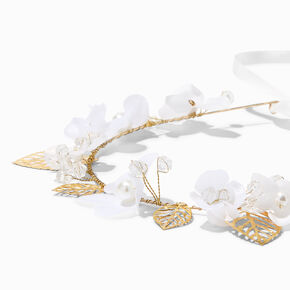 Embellished White Floral Ribbon Tie Headwrap,