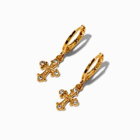 C LUXE by Claire&#39;s 18k Yellow Gold Plated Cubic Zirconia Ornate Cross Hoop Earrings,