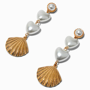 Heart Pearl &amp; Gold-tone Seashell 3&quot; Drop Earrings ,