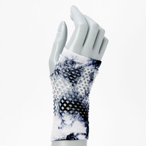 Blue &amp; White Tie Dye Fingerless Fishnet Gloves,