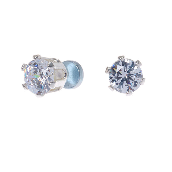 Silver Cubic Zirconia Round Magnetic Stud Earrings - 6MM,