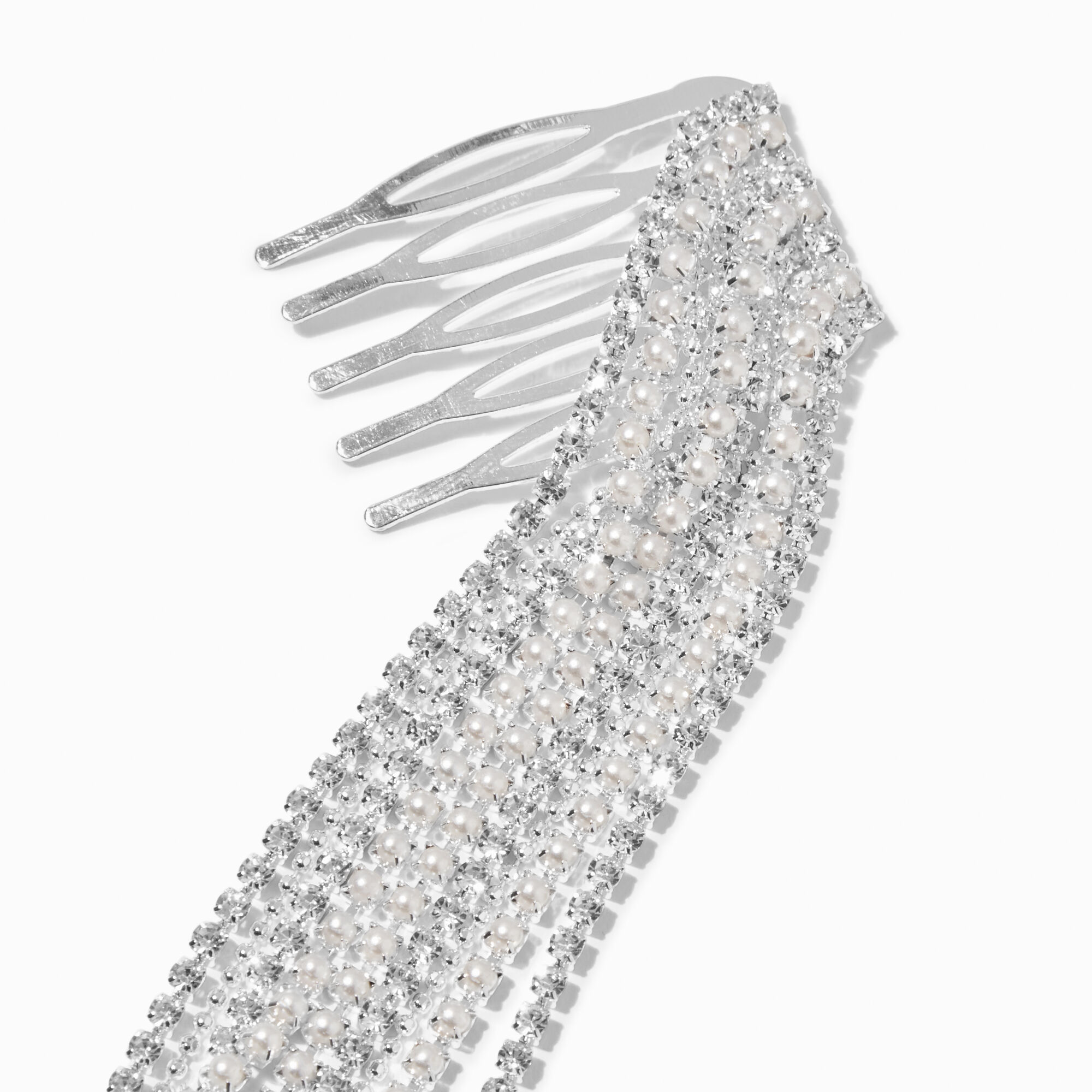 Silver Crystal & Pearl Chain Hair Comb,
