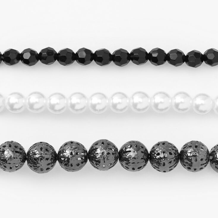 Elegant Jet Black and Pearl Beaded Stretch Bracelet Set - 3 Pack,