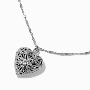Silver-tone Filigree Heart Locket Pendant Necklace,