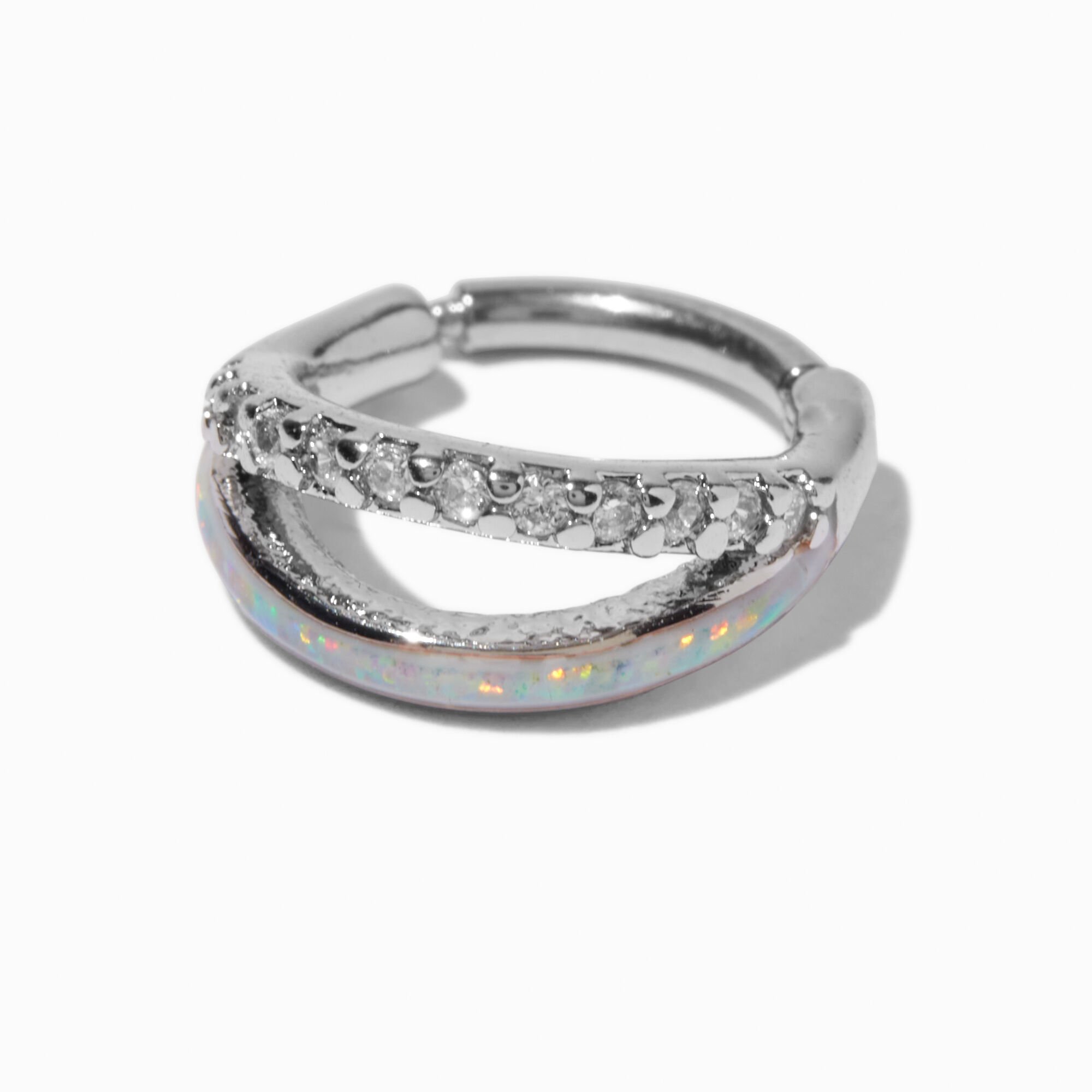 Silver-tone Stainless Steel Cubic Zirconia Opalescence Clicker Lip Ring,