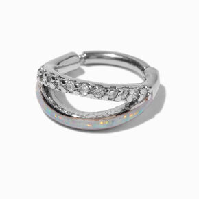 Silver-tone Stainless Steel Cubic Zirconia Opalescence Clicker Lip Ring,