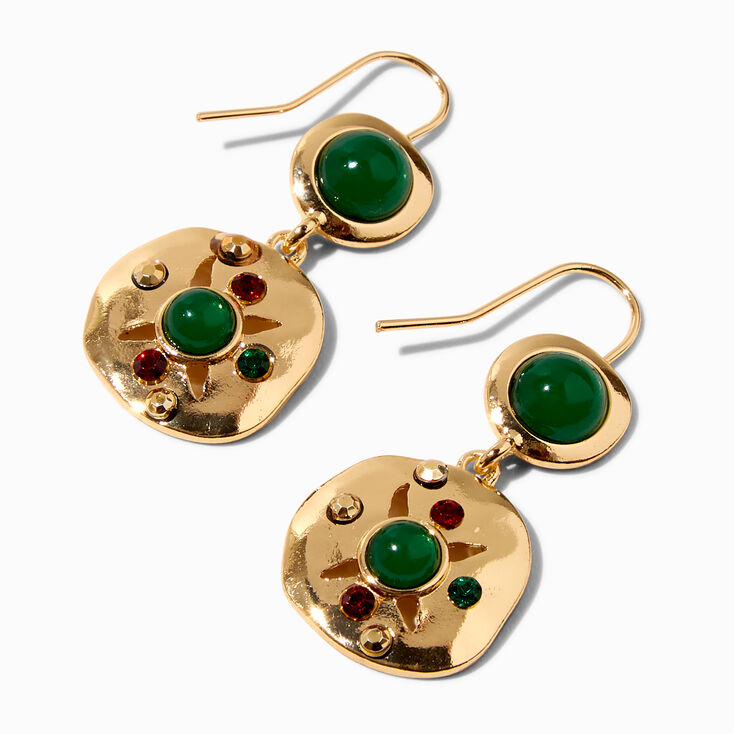Green Embellished Gold Disc Drop Earrings,