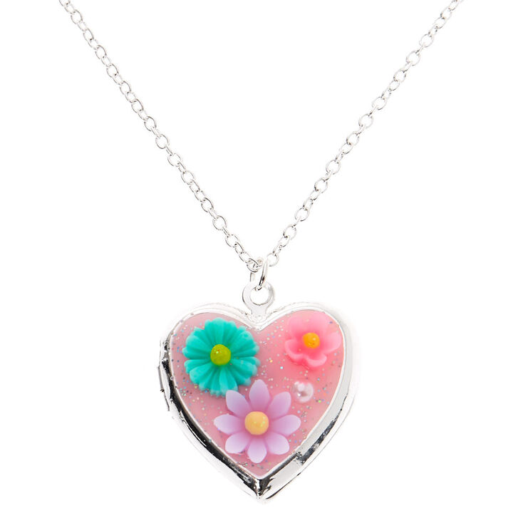 Collier &agrave; pendentif avec m&eacute;daillon c&oelig;urs et fleurs couleur argent&eacute;e - Rose,