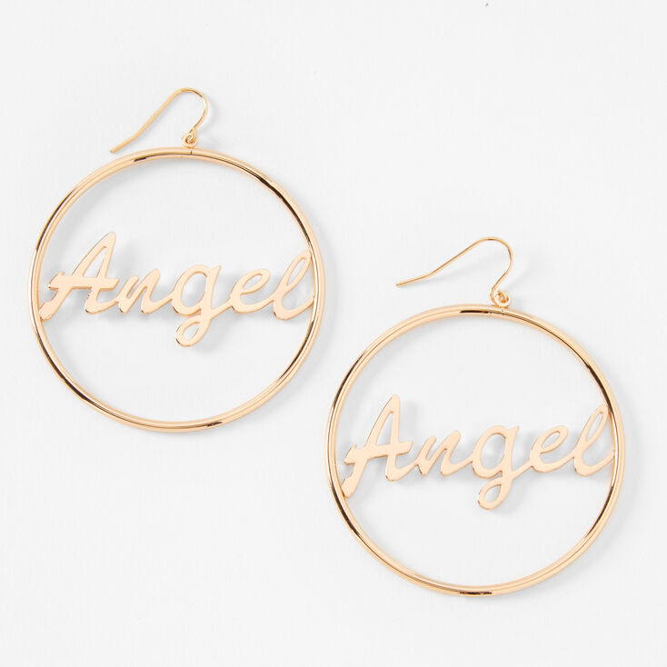 Gold 2&quot; Angel Script Circle Drop Earrings,