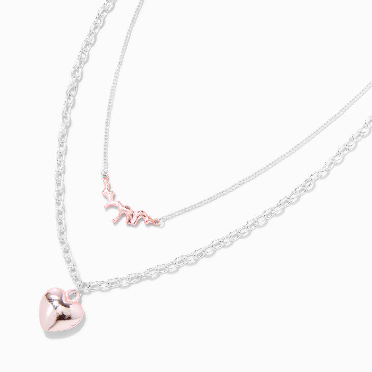 Silver Melted Drip Pink Heart Multi-Strand Necklace,
