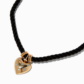 Gold-tone Crystal Heart Black Cord Pendant Necklace,
