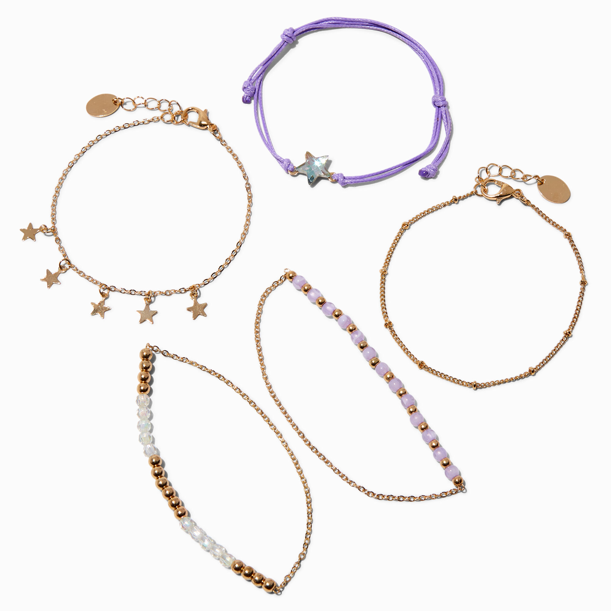 View Claires GoldTone Celestial Beaded Woven Bracelet Set 5 Pack Purple information