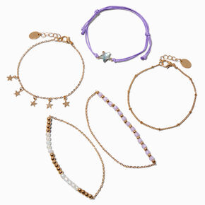 Bracelets tress&eacute;s violets et perl&eacute;s c&eacute;lestes couleur dor&eacute;e - Lot de 5,
