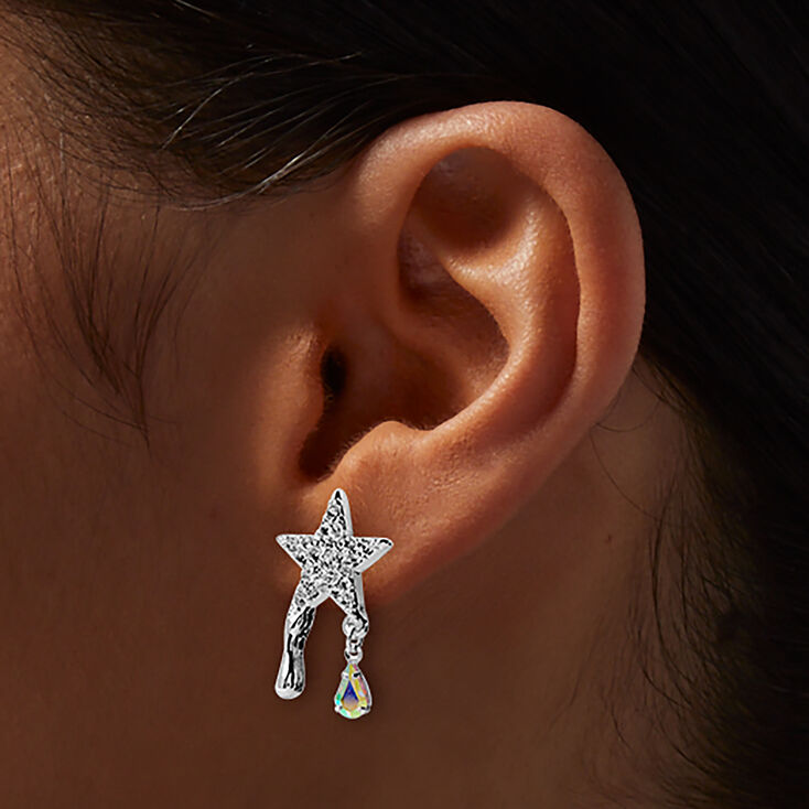 Silver-tone Pav&eacute; Star Iridescent Teardrop Drop Earrings,