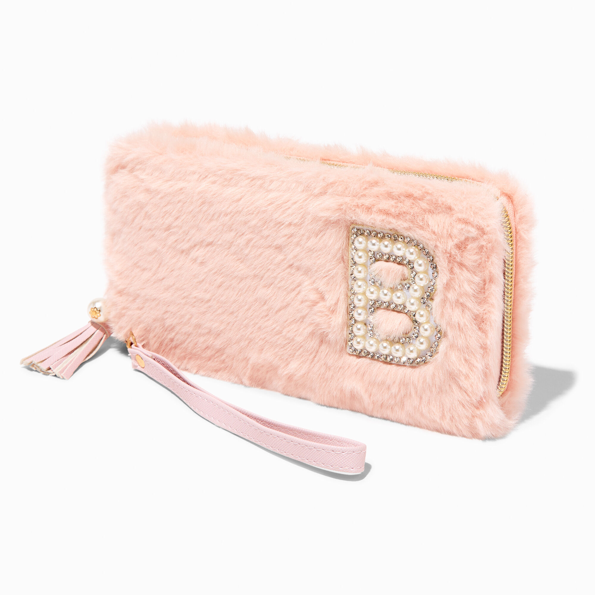 View Claires Blush Furry Pearl Initial Wristlet Wallet B Pink information