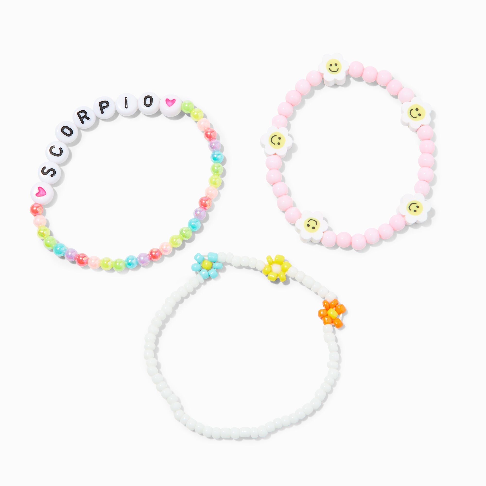 View Claires Zodiac Daisy Happy Face Beaded Stretch Bracelets 3 Pack Scorpio White information