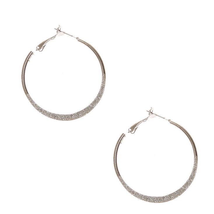 Silver 30mm Glitter Knife Edge Hoop Earrings Claire S Us Silver 30mm Glitter Knife Edge Hoop Earrings