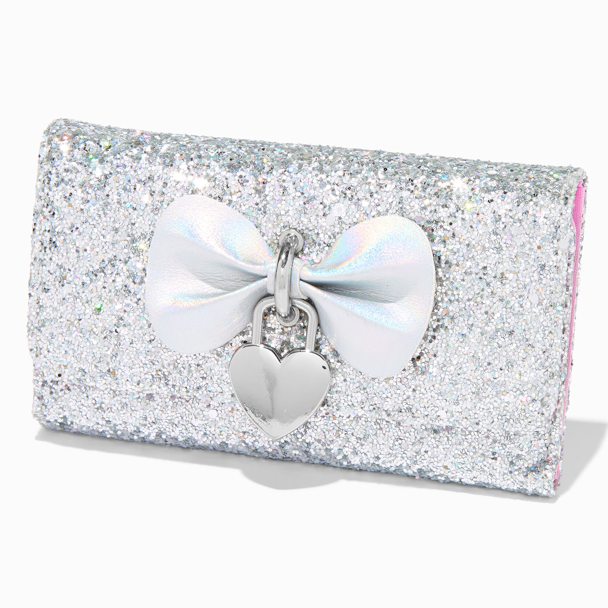 View Claires Glitter Holographic Bow Wallet Silver information