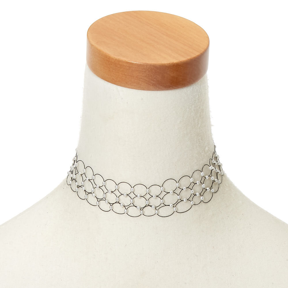 Pearl Three Row Tattoo Choker Necklace Black