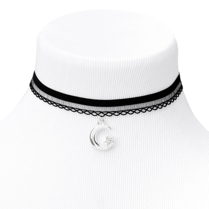 Silver Crescent Moon Star Lace Choker Necklace - Black,