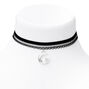 Silver Crescent Moon Star Lace Choker Necklace - Black,