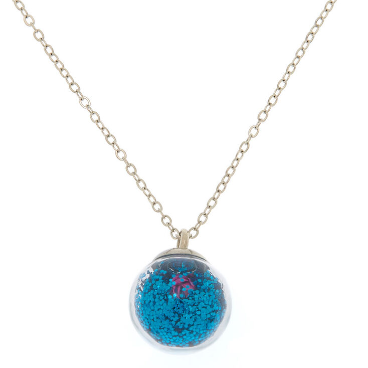 Glitter Flower Globe Pendant Necklace - Blue,