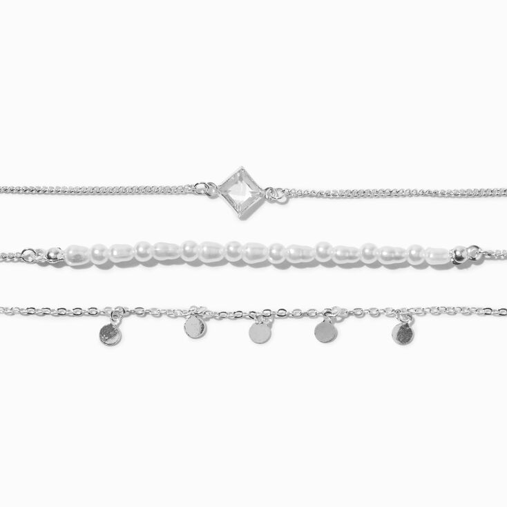Silver Pearl Chain &amp; Wavy Cuff Bracelet Set - 4 Pack,