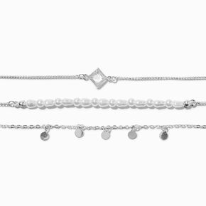 Silver Pearl Chain &amp; Wavy Cuff Bracelet Set - 4 Pack,