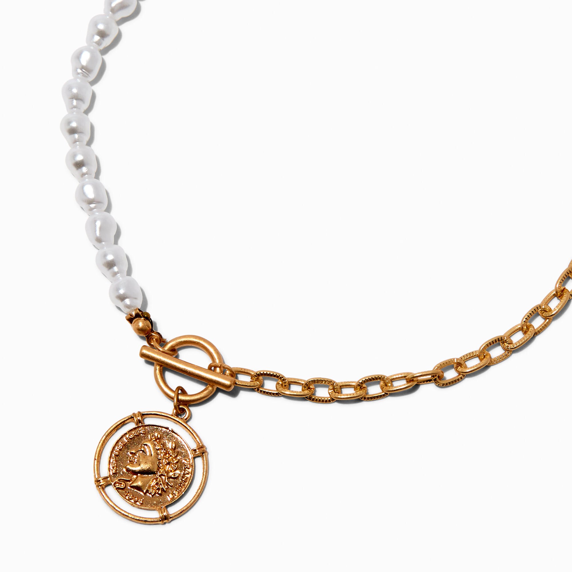Half Pearl Gold-tone Chain Coin Pendant Necklace,