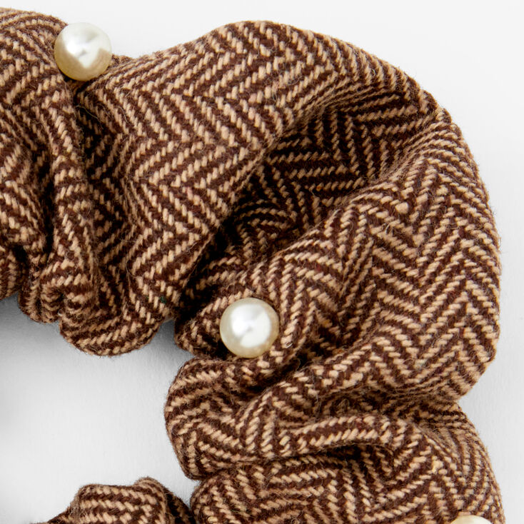 Gros chouchou en tweed avec perles d&rsquo;imitation - Marron,