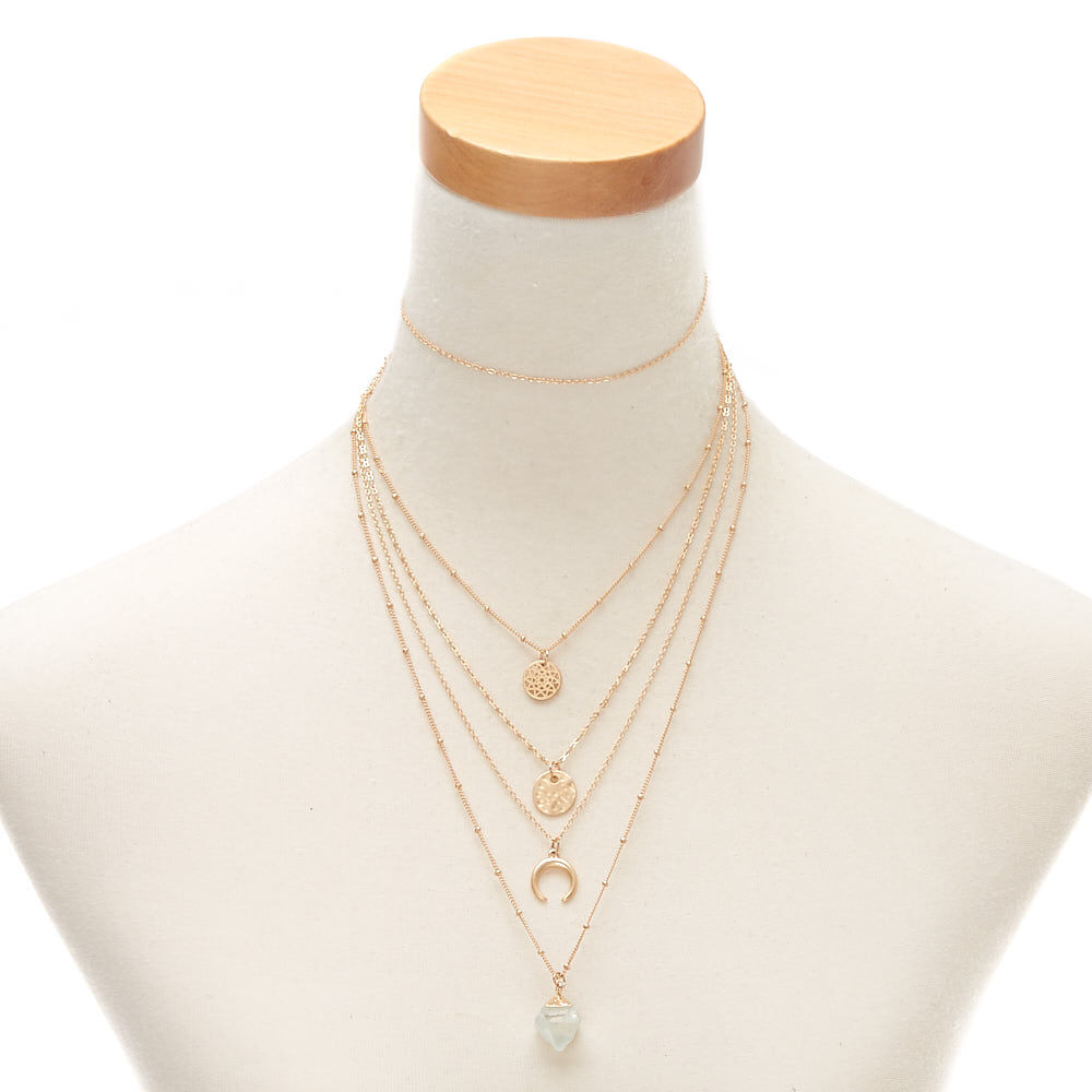 Gold Healing Crystal Moon Multi Strand Necklace,